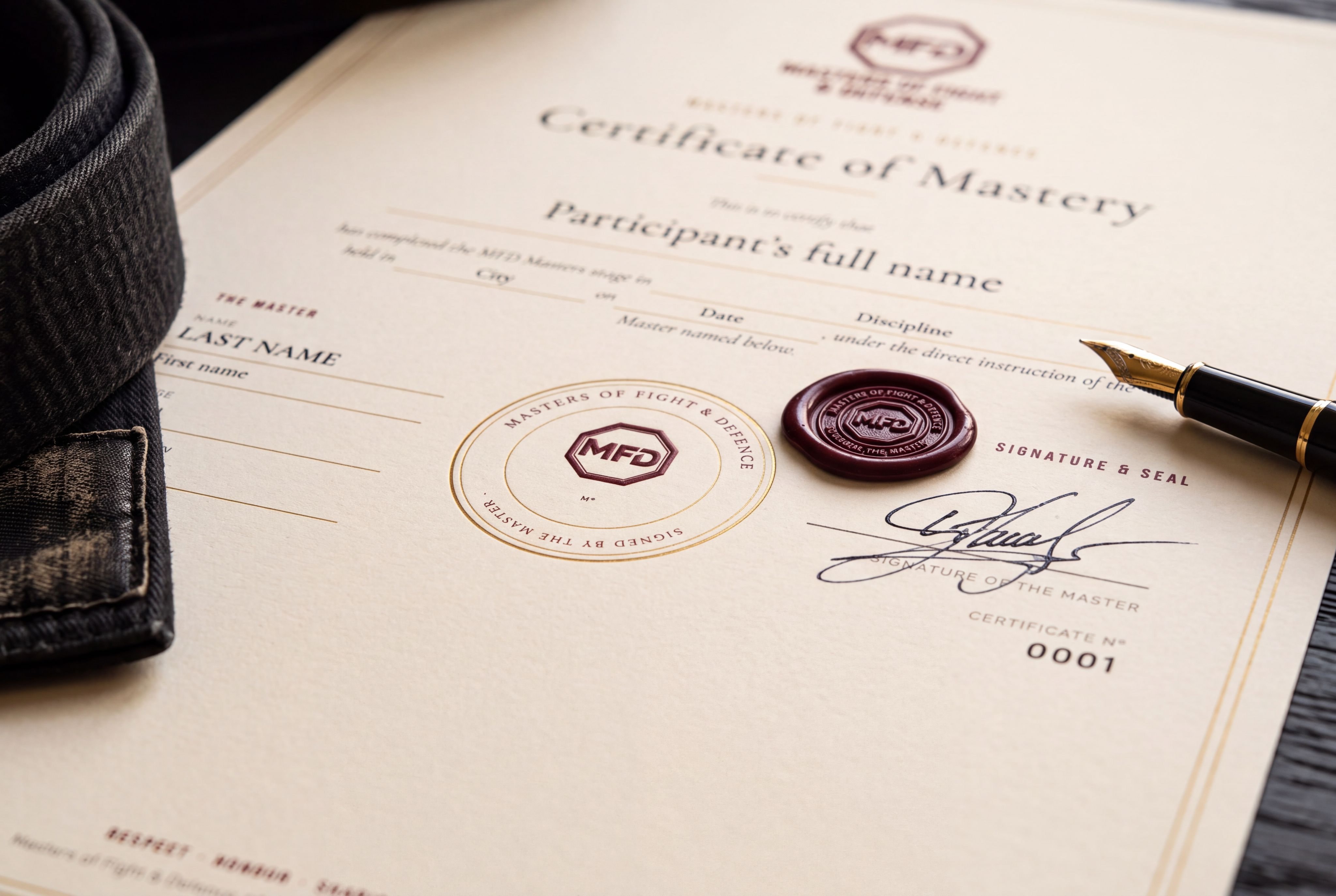 Détail d'un certificat MFD : sceau de cire bordeaux, dorure et signature à l'encre