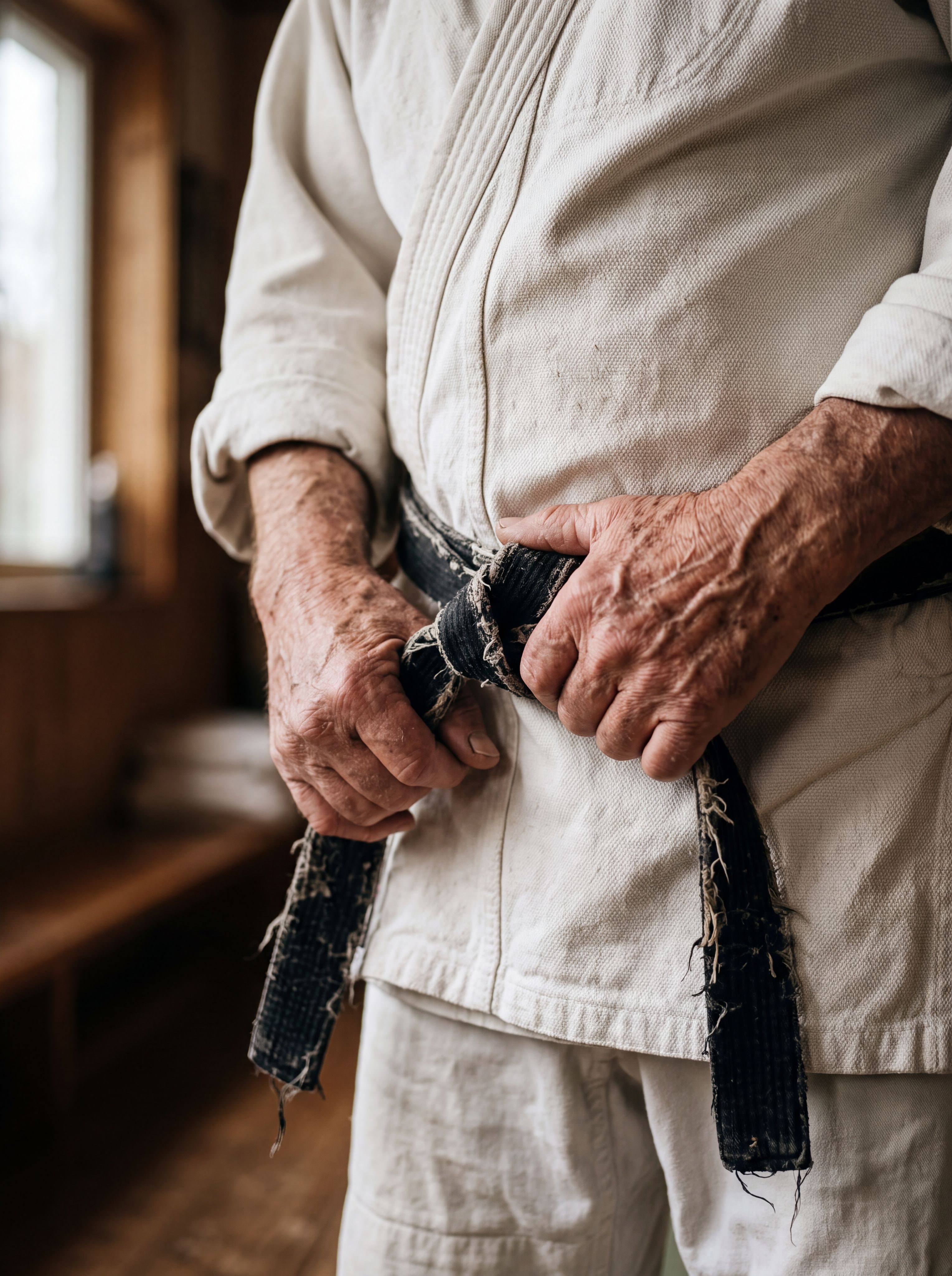 Les mains d'un pratiquant âgé nouent une ceinture noire usée