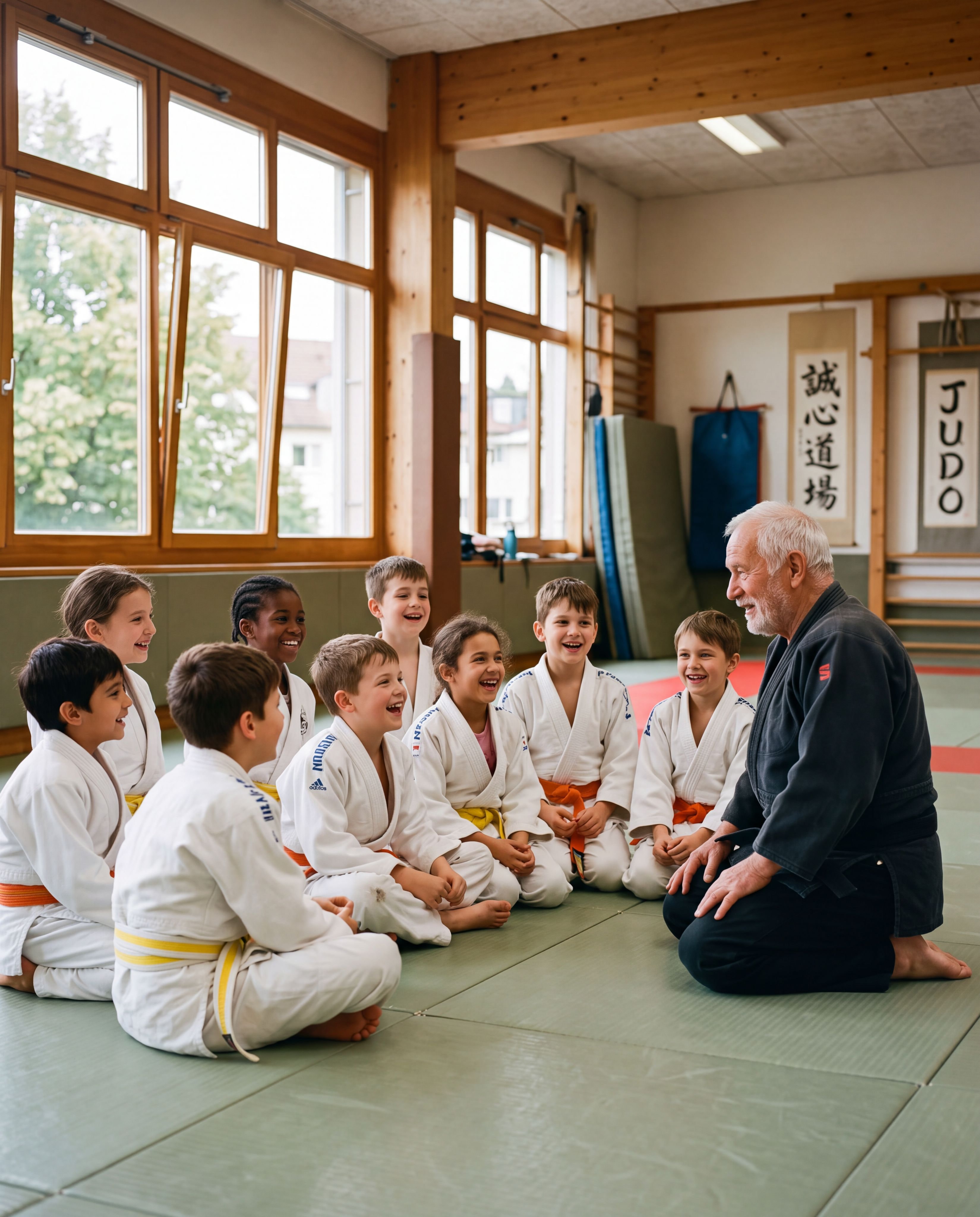 Des enfants en kimono rient assis sur un tatami, en écoutant un maître âgé