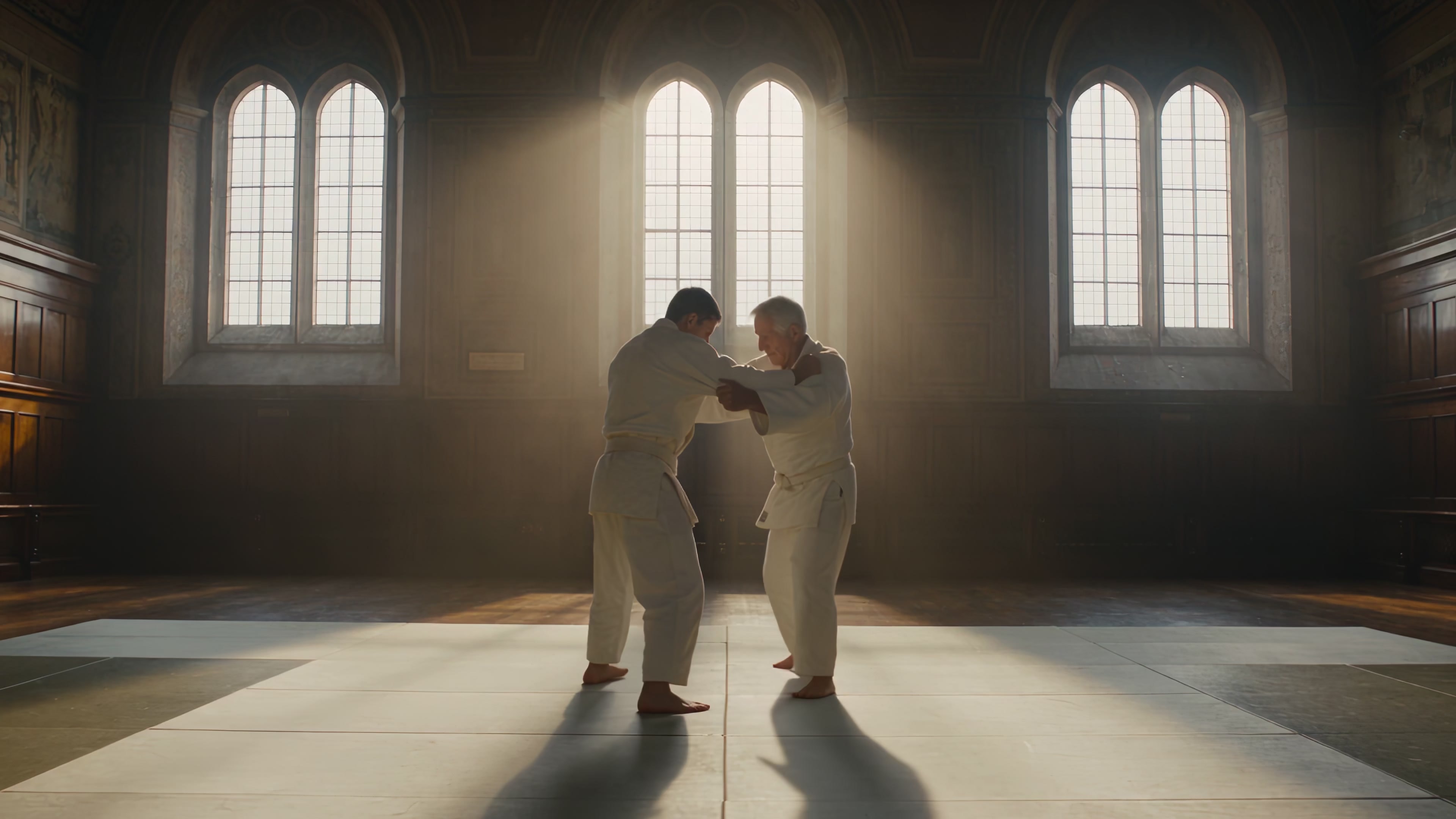 Un maître de judo exécute une projection au ralenti dans un dojo baigné d'une lumière dorée