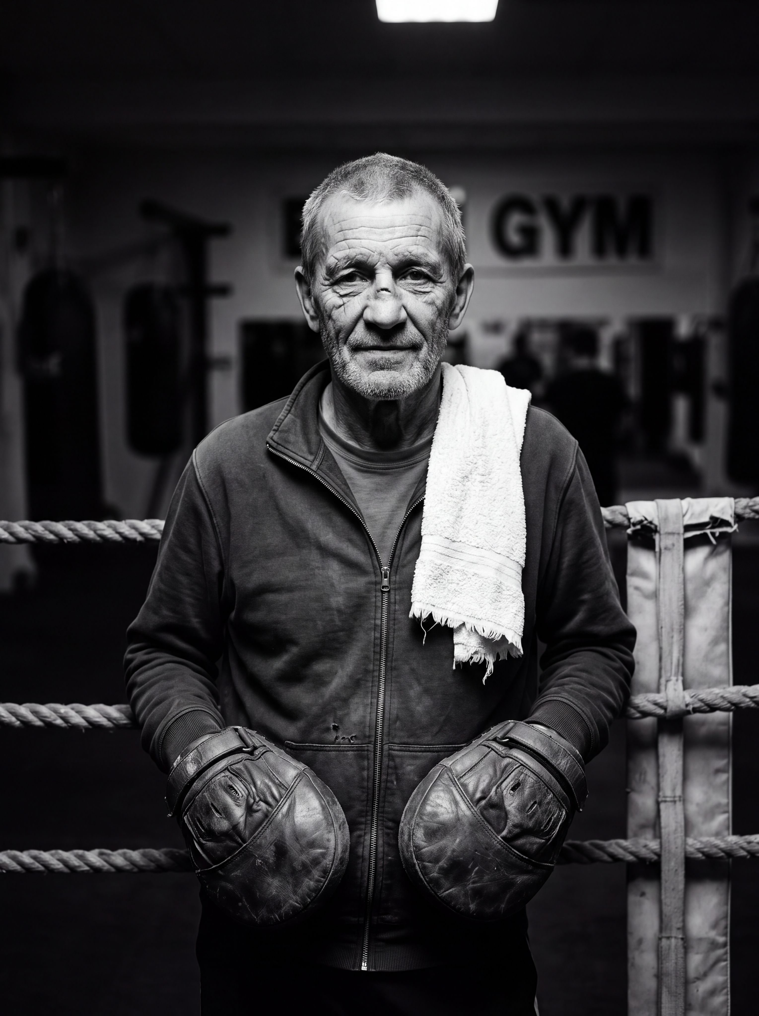 Portrait en noir et blanc d'un entraîneur de boxe vétéran dans un ring
