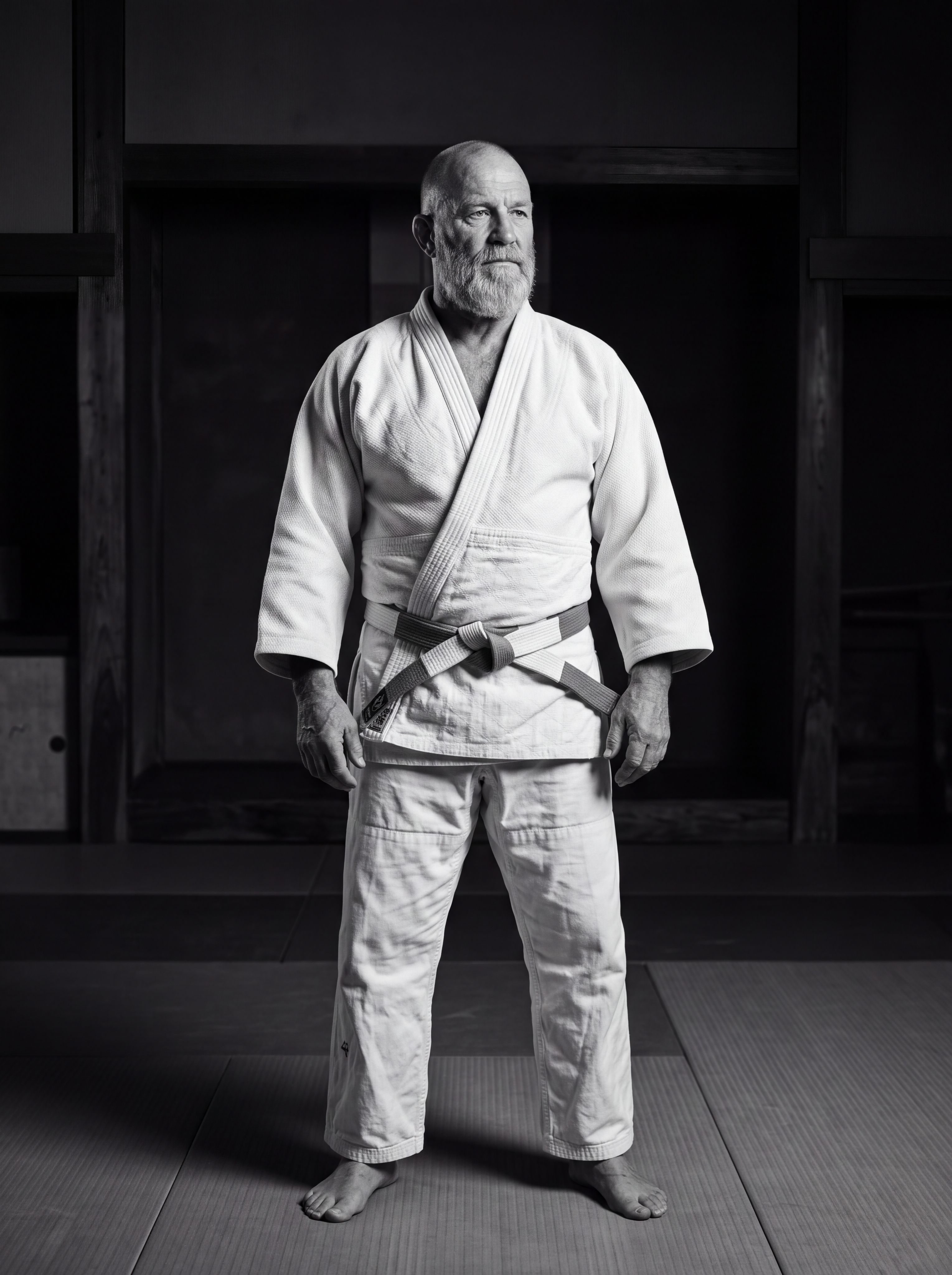 Portrait en noir et blanc d'un maître de judo en kimono blanc
