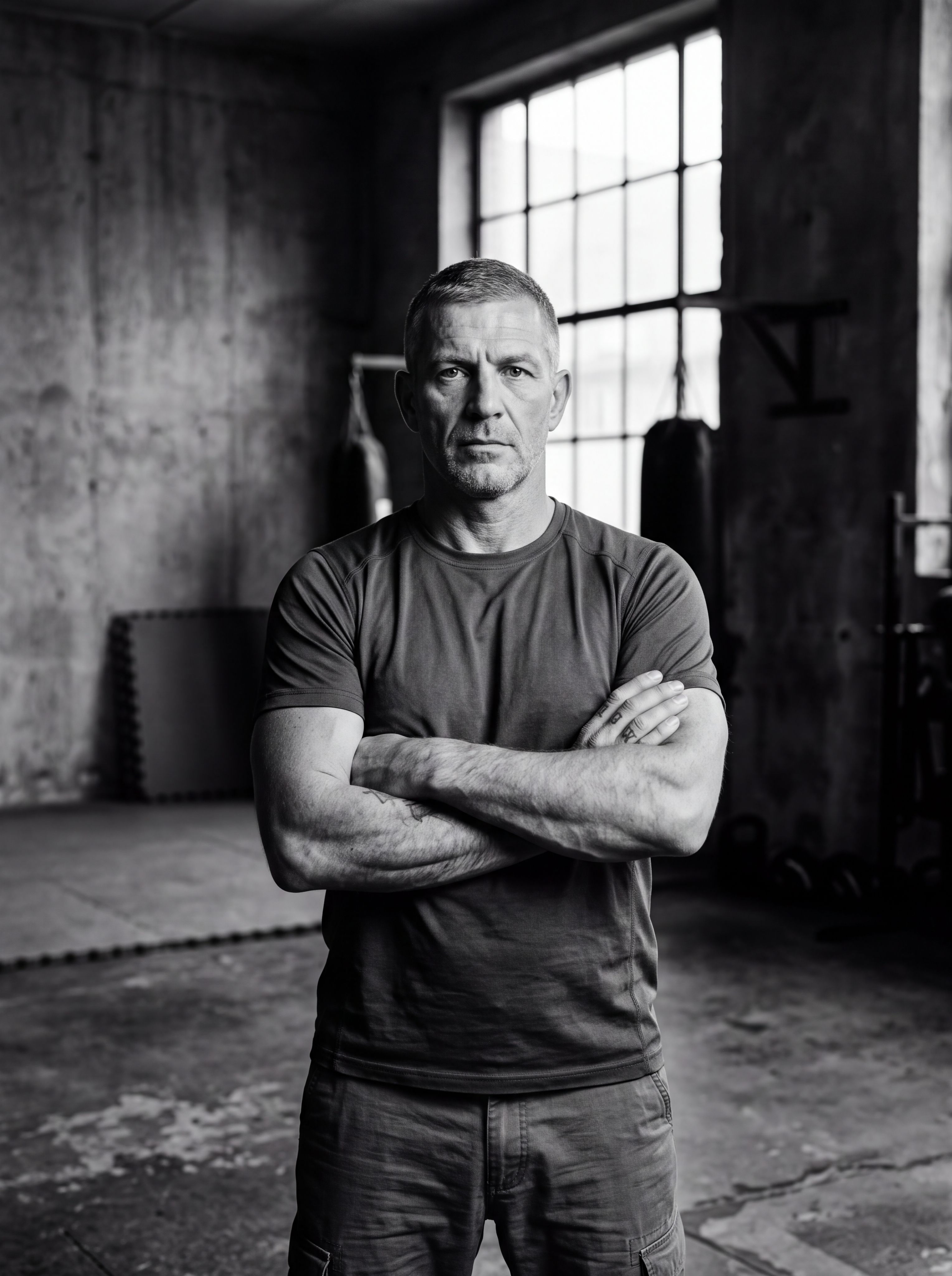 Portrait en noir et blanc d'un expert en krav maga et self-défense