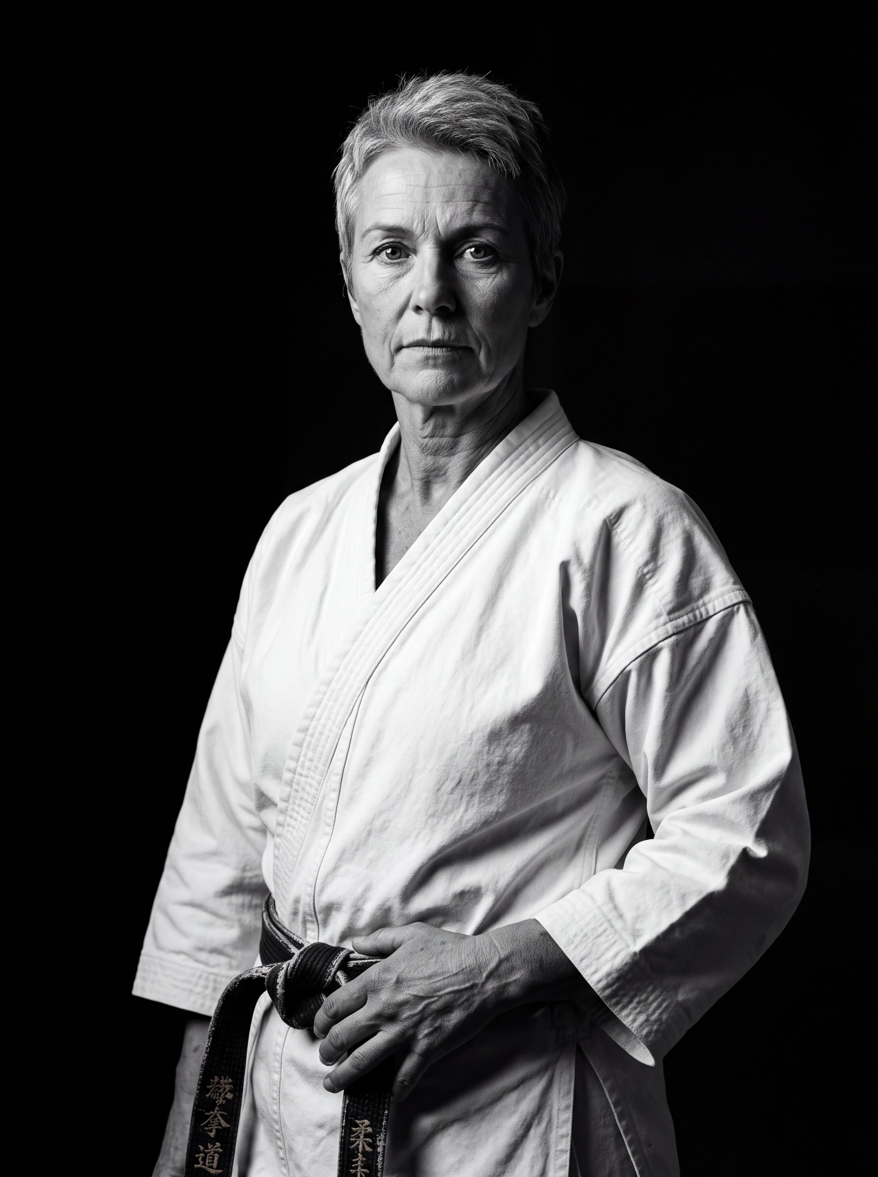 Portrait en noir et blanc d'une maîtresse de karaté, regard calme, lumière en clair-obscur